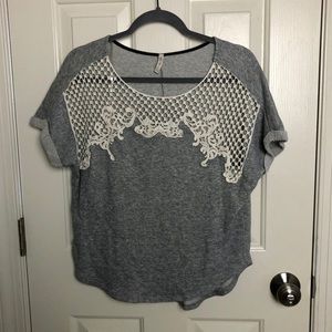 Solemio Heather Grey Top w/ Macrame Neckline